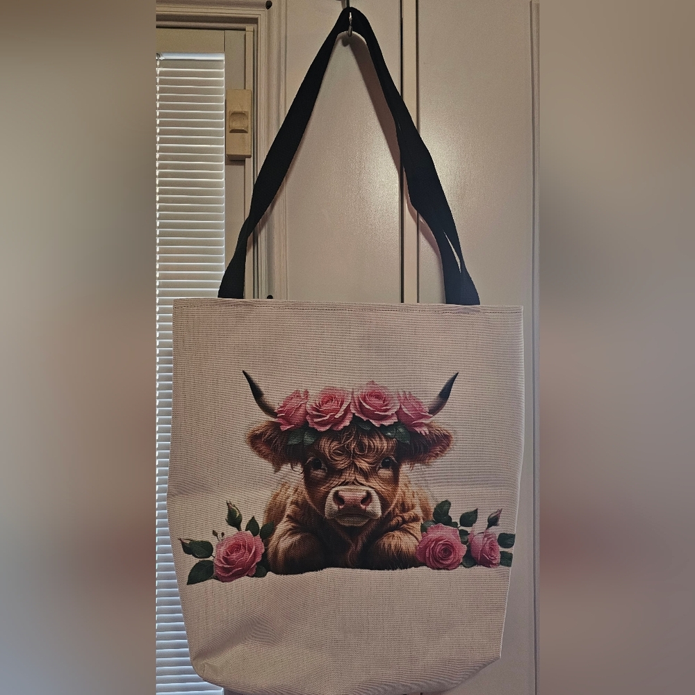 Highland Cow Floral Tote Bag | Pink Rose Cow Cottagecore Farm Style